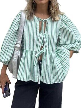 Tie Front Tops for Women Y2k Short Puff Sleeve Blouse Ruffle Hem Small